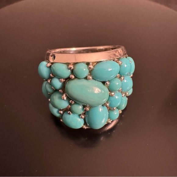 925 Sterling Silver Jewelry - Turquoise Cluster Ring Sterling Silver 925 Bold Domed Statement Size 5.75